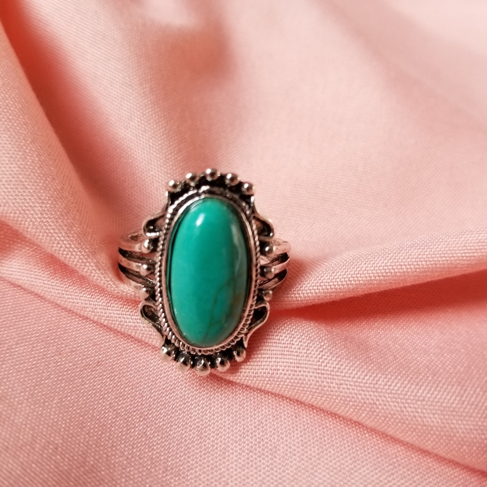 Retro Turquoise Oval 925 Silver Plated Ring